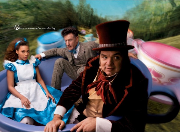 Beyonce, Oliver Platt, and Lyle Lovett as Alice in Wonderland, the Mad Hatter, and the March Hare