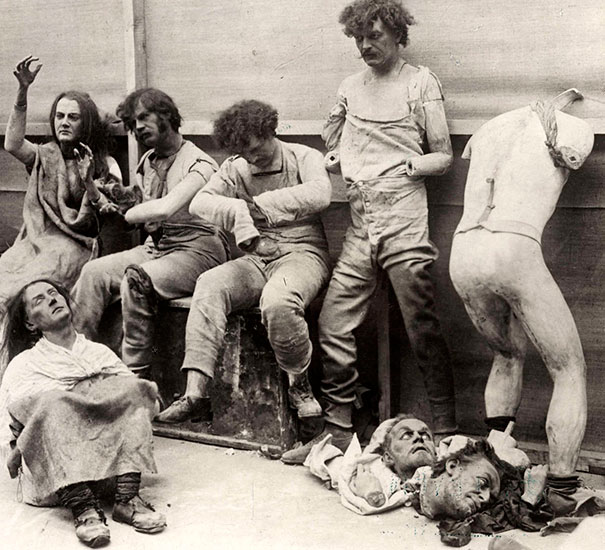 Melted and damaged mannequins after a fire at Madam Tussaud's Wax Museum in London, 1930