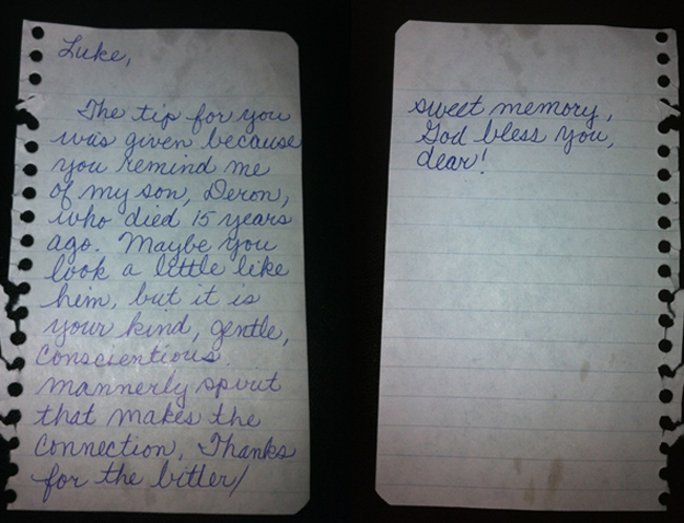 A note that was handed to a waiter along with a $20 bill by an elderly lady in his restaurant.
