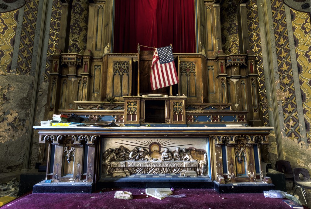 An altar at a disused church in Pennsylvania found by Mr Barter is left to rack and ruin