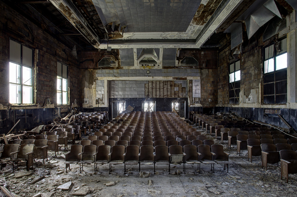 School assemblies would have once taken place in this hall at an elementary school in Pennsylvania but now the seats are starting to rot