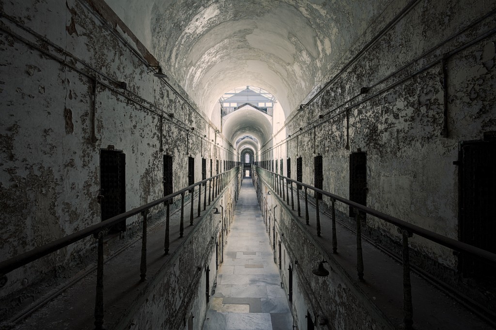 The bleak hallways of one of the cell blocks at a penitentiary in Pennsylvania. Most of the buildings were left untouched since the day they closed their doors