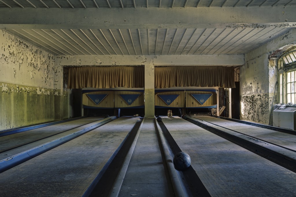 There is no chance of getting a strike at this abandoned asylum in New York, as the pins are strewn across the floor