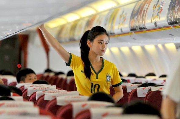 Chinese Flight Attendants Wearing Brazil Football Jersey (1)