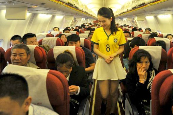 Chinese Flight Attendants Wearing Brazil Football Jersey (2)