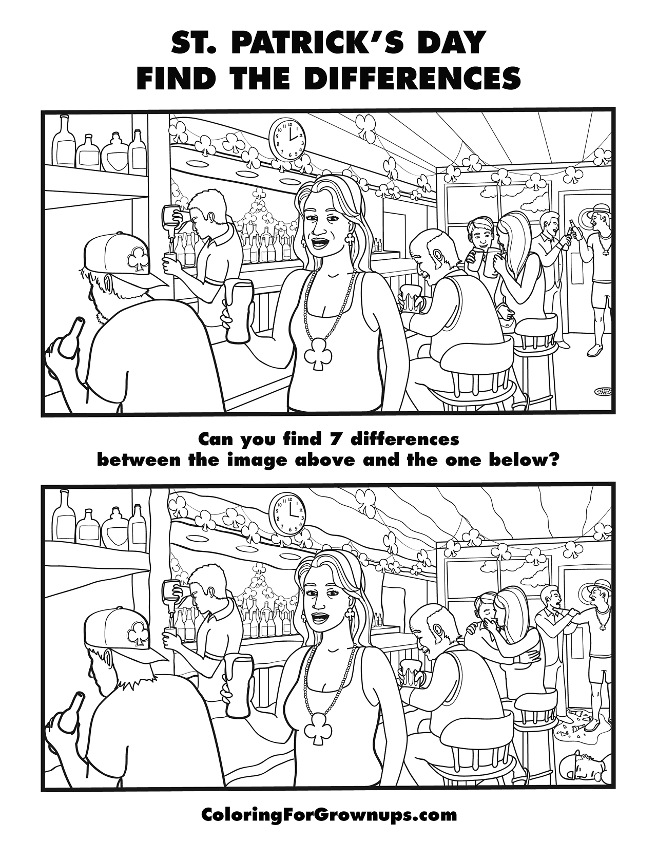 Find day. Coloring for grown ups. Find the differences. Pictures find differences for grown ups. Page 38.