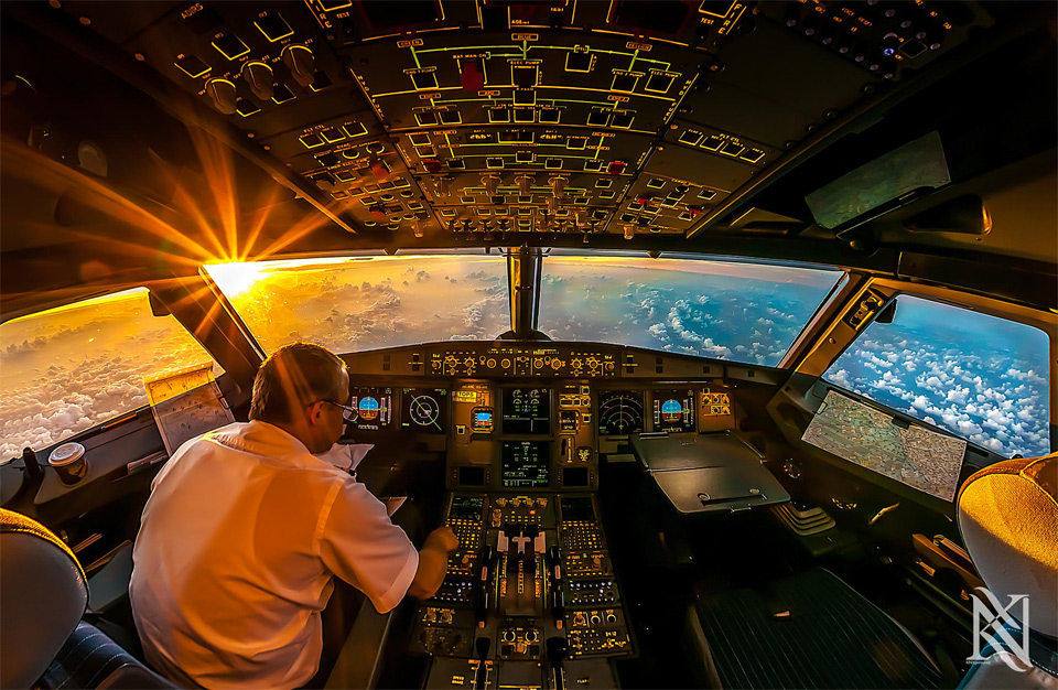 Sunrise In Airplane Cockpit